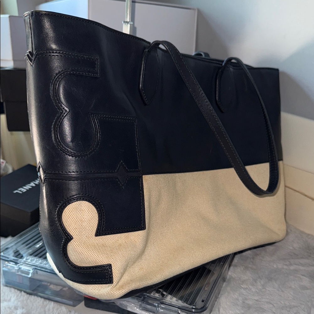 Tory Burch Black and Tan Leather Canvas Tote - Picture 13 of 14